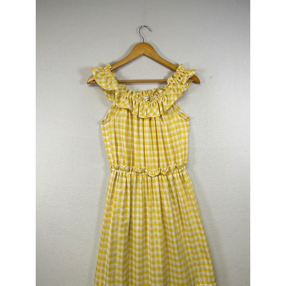 Max Studio Yellow Gingham Tiered Maxi Dress Ruffle Neckline Elastic Waist Size S - Picture 5 of 8